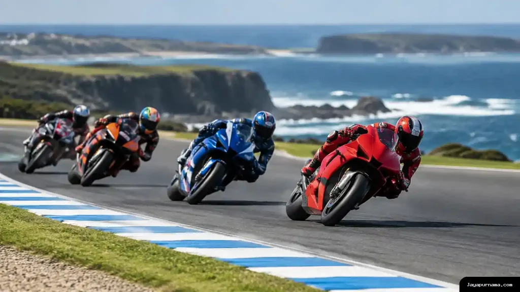 Sejumlah motor balap melaju beriringan di tikungan Sirkuit Phillip Island dengan laut di latar.