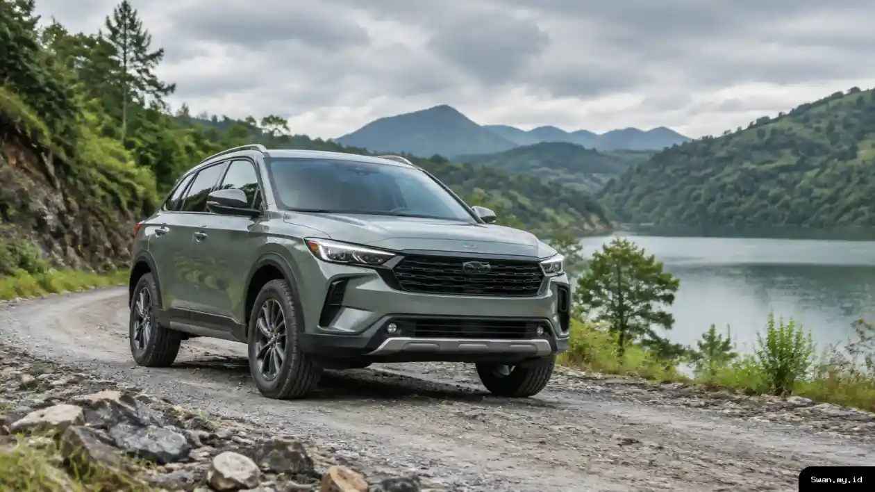 An editorial-style view of a contemporary crossover moving along a gravel road through a green landscape. Low hills and a lake in the distance suggest the connection between vehicle travel and outdoor exploration. An unbranded crossover SUV travels along a gravel road with green hills and a lake in the background.