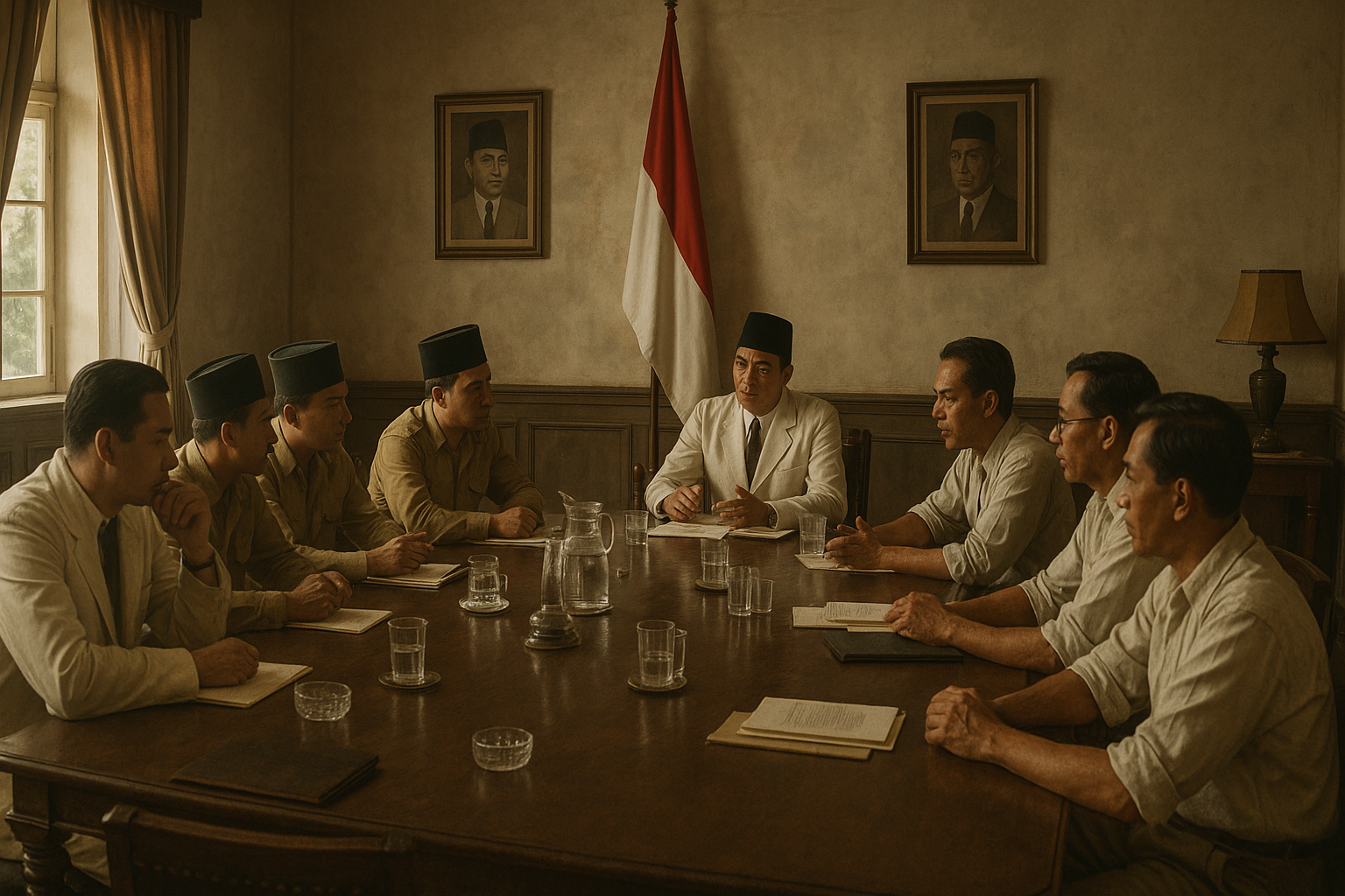 Gambar ruang rapat bersejarah yang menampilkan suasana diskusi politik menjelang kemerdekaan Indonesia. Ruang rapat sejarah dengan bendera nasional Indonesia