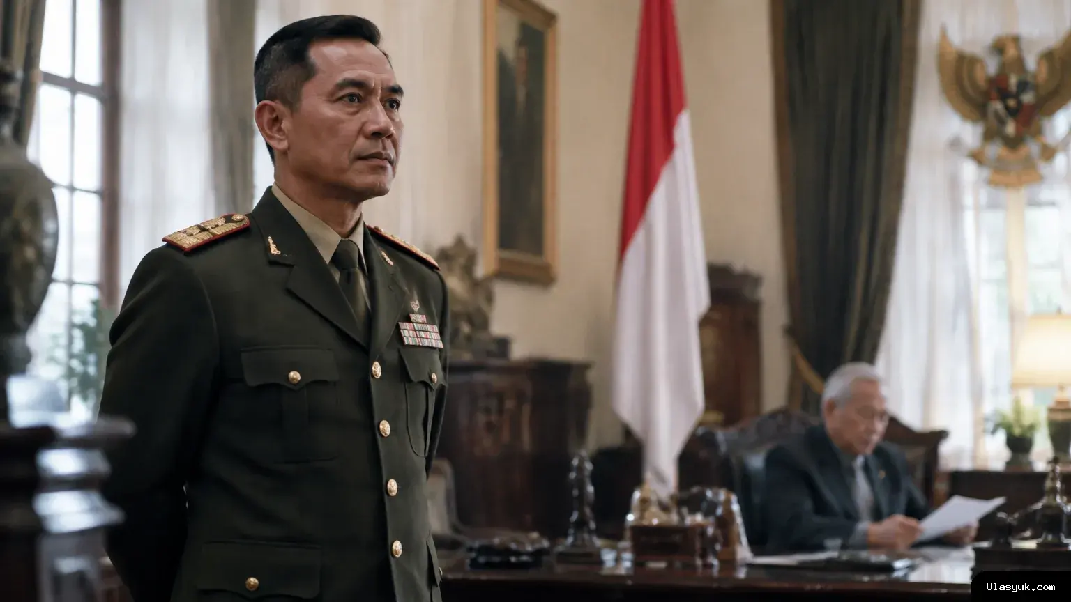 Ilustrasi suasana kepresidenan era 1990-an yang menggambarkan Try Sutrisno setelah meniti karier militer hingga menjadi Wakil Presiden. Ilustrasi Try Sutrisno di lingkungan Istana