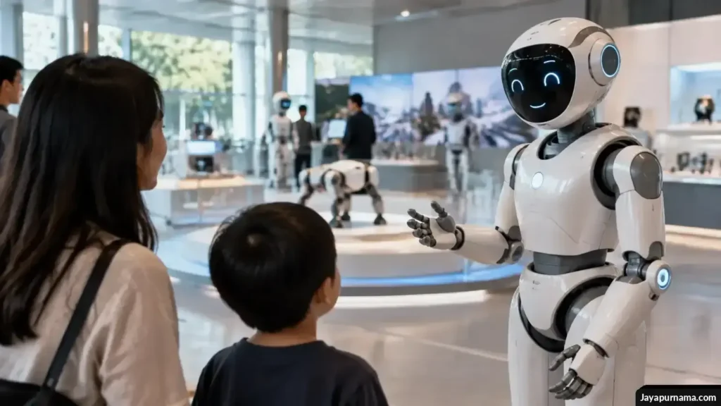 Robot humanoid berbincang dengan keluarga di area demonstrasi teknologi.