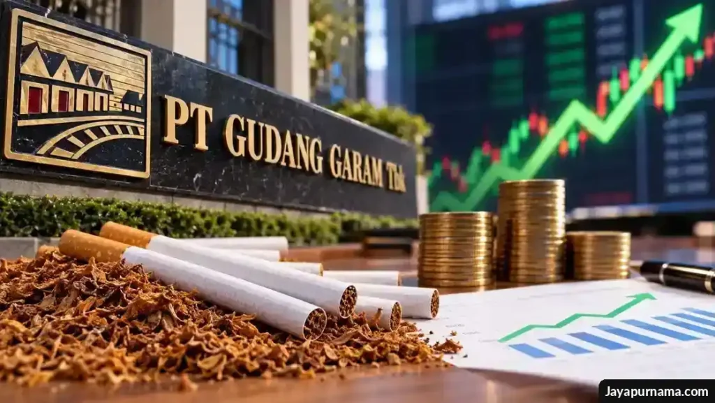 Ilustrasi kinerja keuangan Gudang Garam dengan tumpukan koin dan grafik saham yang menanjak.