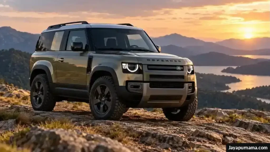 SUV off-road bergaya Defender berwarna abu-abu zaitun melintasi medan berbatu dengan latar pegunungan dan danau saat matahari terbenam.