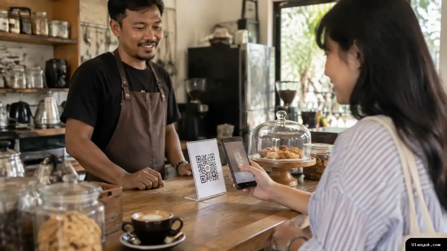 Adegan pembayaran digital di sebuah kedai kecil, dengan pelanggan menggunakan ponsel di dekat kode QR pada meja kasir. Pelanggan membayar di kedai menggunakan QRIS