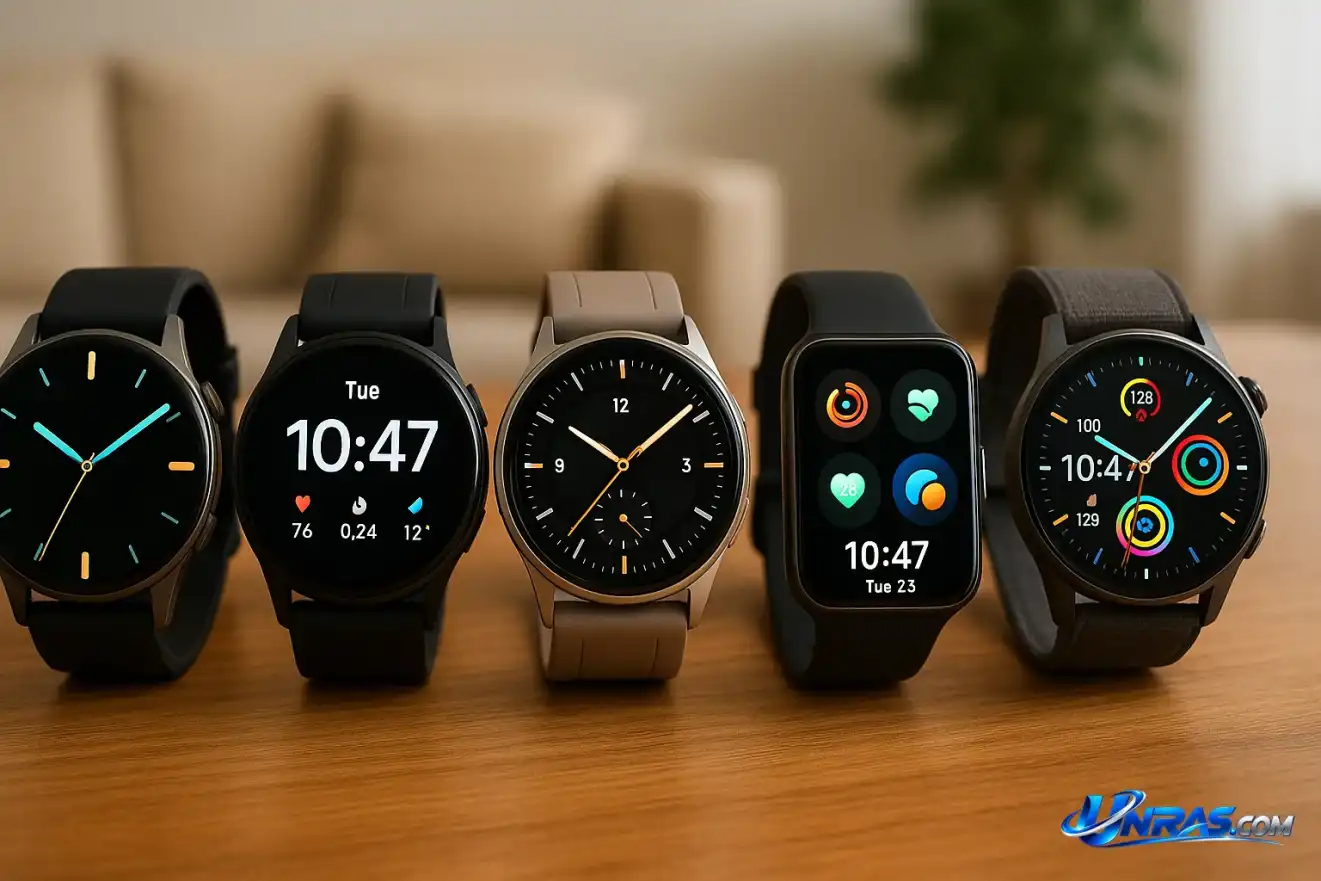 Gambar menunjukkan lima smartwatch dengan layar AMOLED yang berbeda, menggambarkan variasi pilihan smartwatch terbaik di Indonesia. Smartwatch alternatives to Huawei Watch GT 7 displayed on table