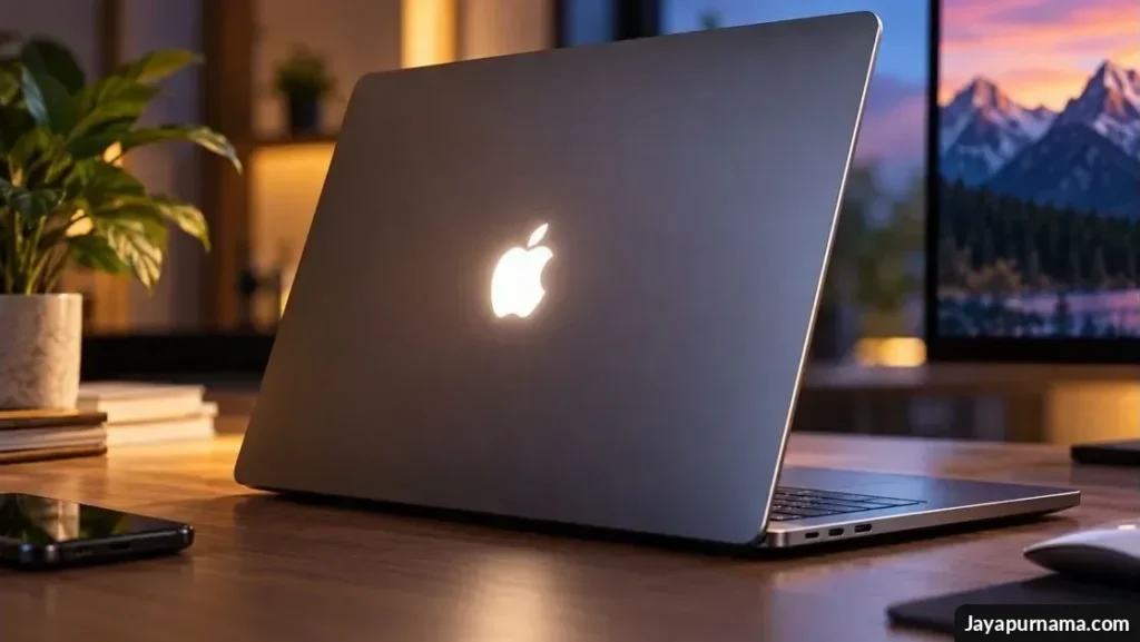 Laptop MacBook Pro dengan logo Apple bercahaya pada bagian penutup layar, berlatar suasana studio teknologi modern.