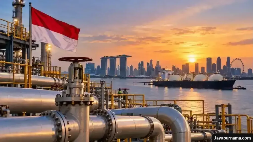 Fasilitas pipa gas Indonesia dan kapal pengangkut gas di perairan dengan latar cakrawala Singapura.