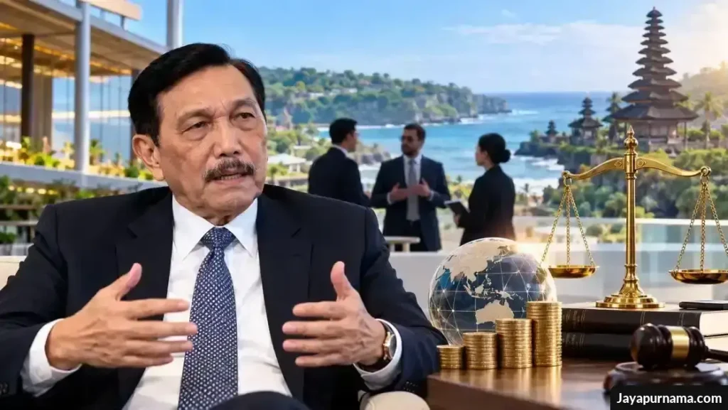Luhut dalam ilustrasi investasi global dengan timbangan keadilan, tumpukan koin, dan latar pesisir Bali.