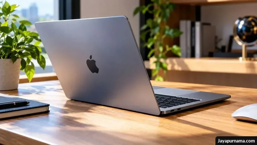 Laptop MacBook berwarna abu-abu di atas meja kayu dalam suasana ruang kerja modern.