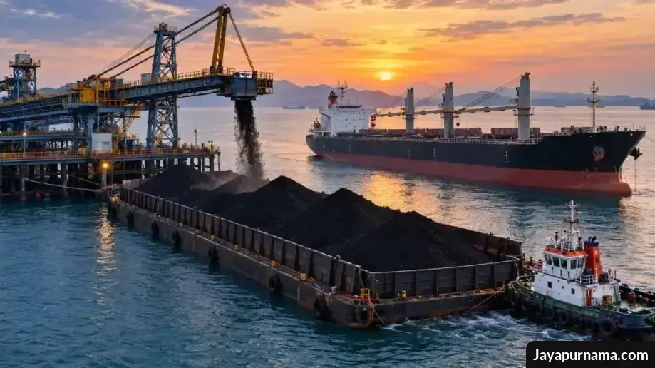 Tongkang bermuatan batu bara dan kapal curah di terminal pengangkutan laut saat matahari terbenam.