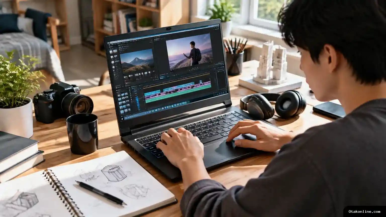 Mahasiswa menyunting video menggunakan laptop ber-GPU RTX