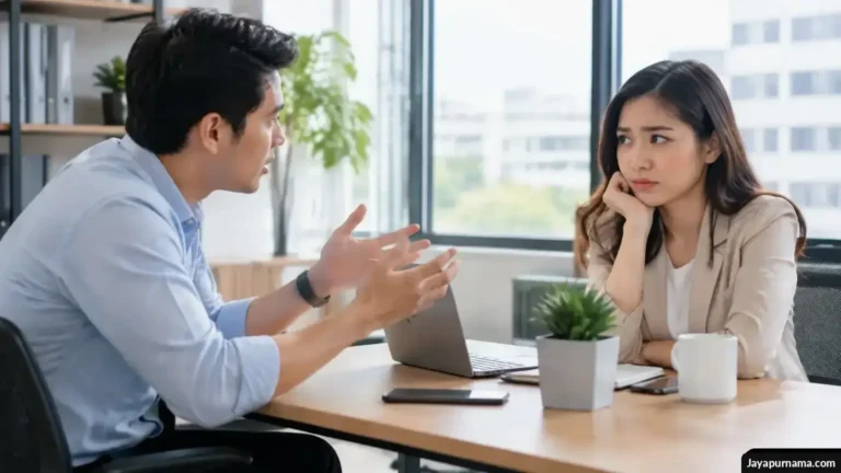 Seorang rekan kerja berbicara sementara rekannya menunggu giliran di meja.