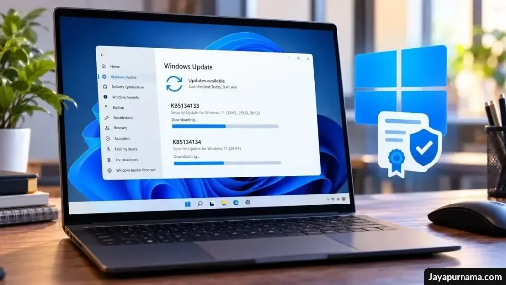 Laptop Windows 11 menampilkan pembaruan KB5134133 dan KB5134134 dengan simbol keamanan sertifikat digital.