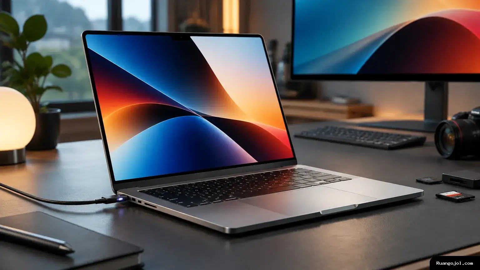 Laptop aluminium terbuka di meja kerja kreator, dengan layar terang, touchpad lebar, kabel pengisian bermagnet, dan monitor eksternal sebagai konteks produktivitas. Laptop premium dengan layar mini-LED di meja kerja