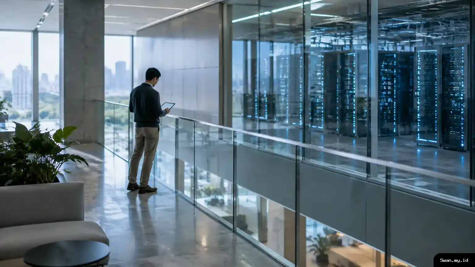 A lone office employee stands in a modern corporate corridor, looking at a blank tablet. Through the glass behind them, rows of softly lit data-center equipment suggest the technology infrastructure connected to the company’s AI expansion. An office worker reviews a blank tablet in a corridor overlooking data-center server racks.