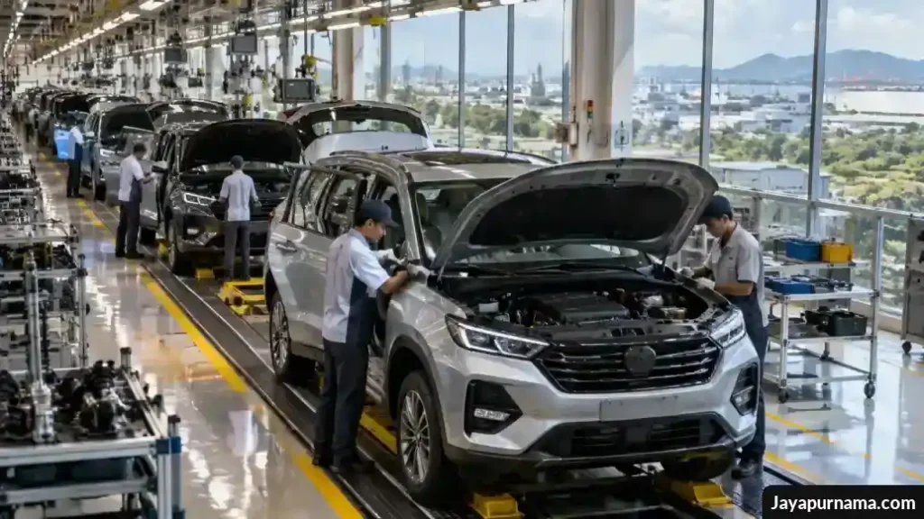 Kendaraan tanpa merek bergerak di lini perakitan pabrik otomotif dengan teknisi bekerja di sekitarnya.