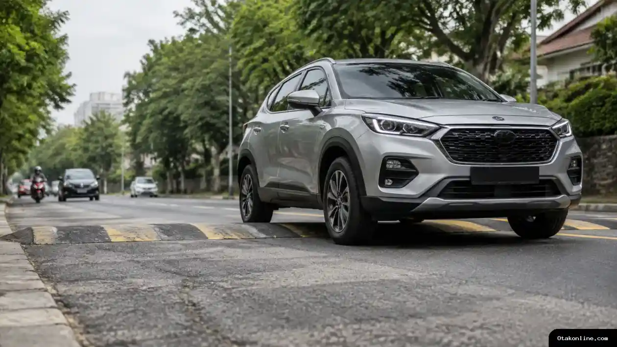 SUV kompak tampak melaju di jalan perkotaan dengan permukaan yang tidak rata, menggambarkan penggunaan kendaraan untuk mobilitas harian. SUV kompak melaju di jalan perkotaan