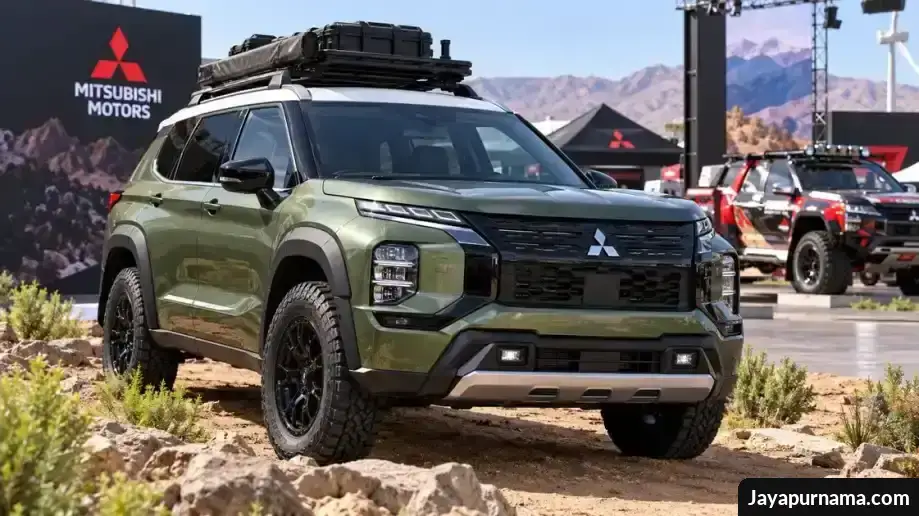 SUV Mitsubishi Outlander hijau metalik dengan ban segala medan dan aksesori petualangan di area pameran otomotif.