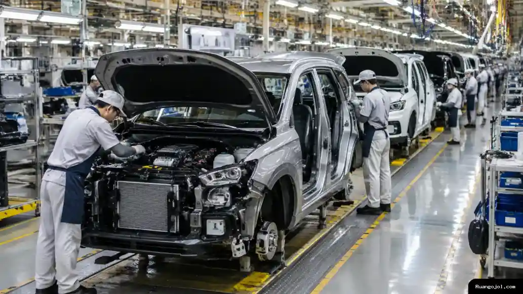 Suasana jalur perakitan di pabrik otomotif Thailand. Sejumlah kendaraan tanpa logo berada di area produksi, sementara pekerja melakukan pemeriksaan di dekat salah satu mobil. Kendaraan tanpa logo berada di jalur perakitan pabrik otomotif dengan pekerja yang sedang memeriksa produksi.