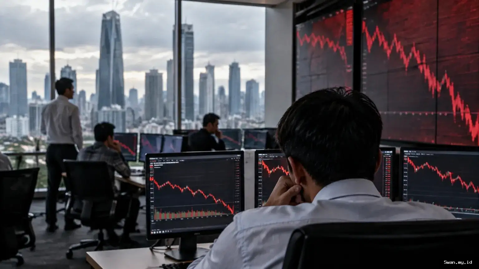 A trading-room scene shows investors following a sharp Indonesian market decline, reflecting uncertainty around the MSCI review. Investors monitor falling Indonesian stock prices