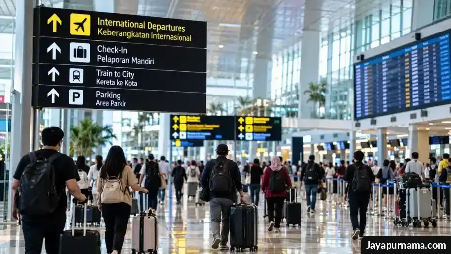 Area terminal Bandara Soekarno-Hatta dengan papan petunjuk multibahasa.