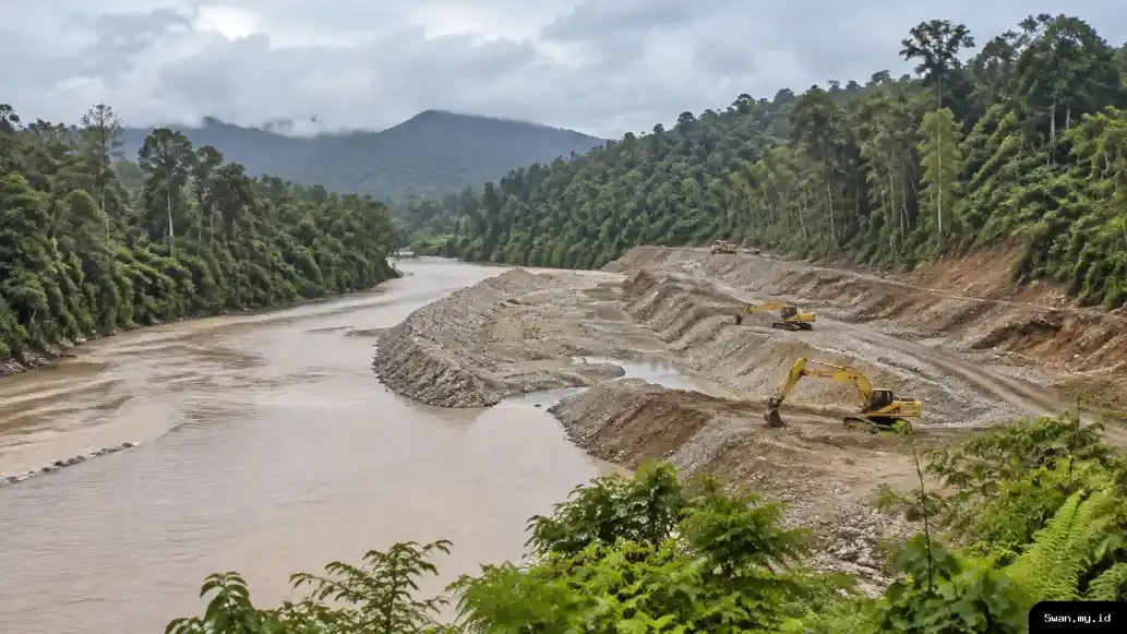 Excavators stand beside a disturbed riverbank in a forested gold-mining area near Nabire.