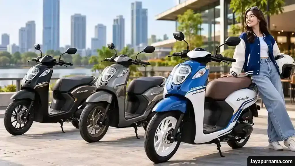 Tiga skuter Honda Genio berwarna biru putih, abu-abu, dan hitam di area perkotaan dengan seorang perempuan muda bergaya kasual.