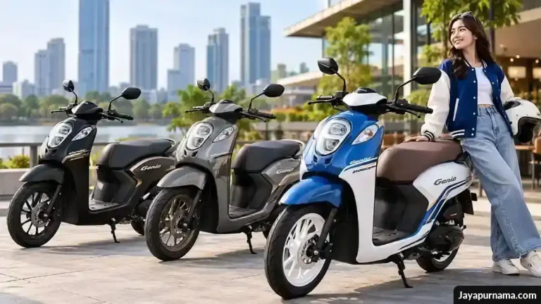 Tiga skuter Honda Genio berwarna biru putih, abu-abu, dan hitam di area perkotaan dengan seorang perempuan muda bergaya kasual.