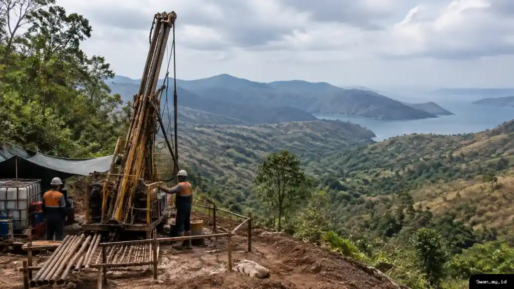 A wide editorial view of a mineral exploration drill rig on rugged terrain in Sumbawa, with forested slopes and distant ridgelines behind it. The scene represents exploration activity rather than an operating mine. Exploration drill rig on a rugged, forest-edged hillside in Sumbawa