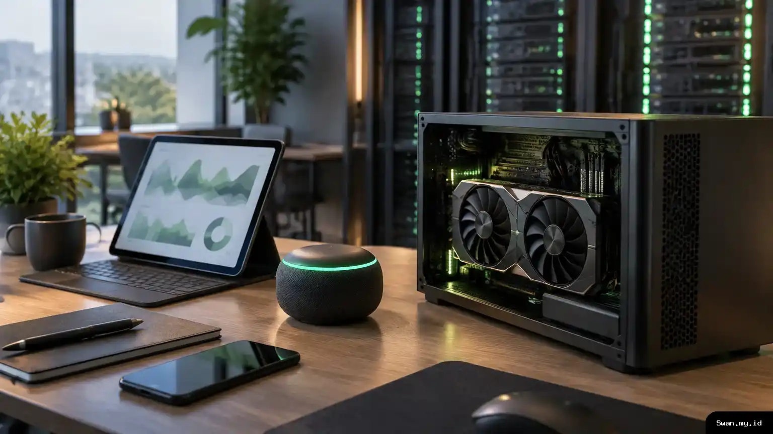 A desktop workstation sits beside a smart speaker and tablet, with server racks in the background. The scene represents AI models designed for computers, smart devices and data-center systems. Workstation and smart devices representing Nvidia’s Nemotron AI models