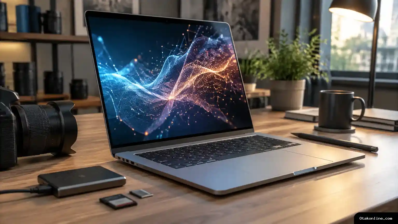 Laptop premium terbuka di meja kerja dengan visual abstrak pada layar, menggambarkan perangkat untuk komputasi AI dan pembuatan konten. Laptop Surface premium di meja kerja kreator