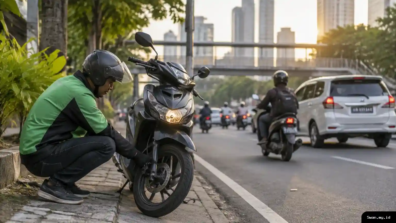 A motorcycle taxi driver checks a vehicle on a Jakarta street, illustrating the safety standards and oversight being considered for app-based transport. Motorcycle taxi driver checks a vehicle beside Jakarta traffic