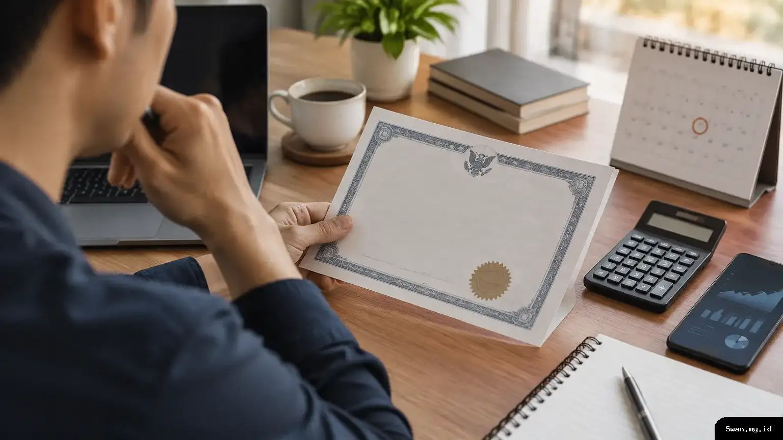 An investor reviews bond documents and uses a calculator at a desk, representing decisions about reinvesting maturing government bond proceeds. Investor reviewing government bond reinvestment figures at a desk