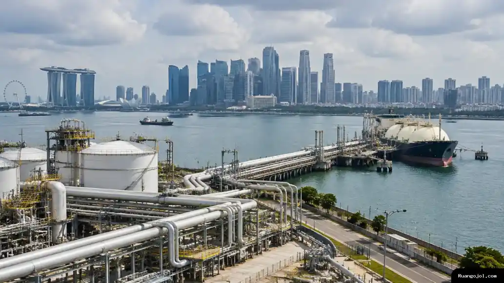 Ilustrasi editorial menampilkan kawasan Marina Bay dari sudut pandang tinggi. Gedung-gedung pusat bisnis tampak di latar, dengan pipa gas industri di bagian depan sebagai gambaran hubungan pasokan energi dan pelanggan Singapura. Gedung Marina Bay di belakang jaringan pipa gas industri