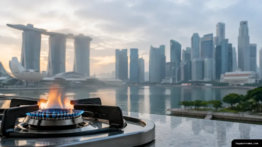 Skyline Marina Bay berkabut dengan nyala kompor gas di latar depan