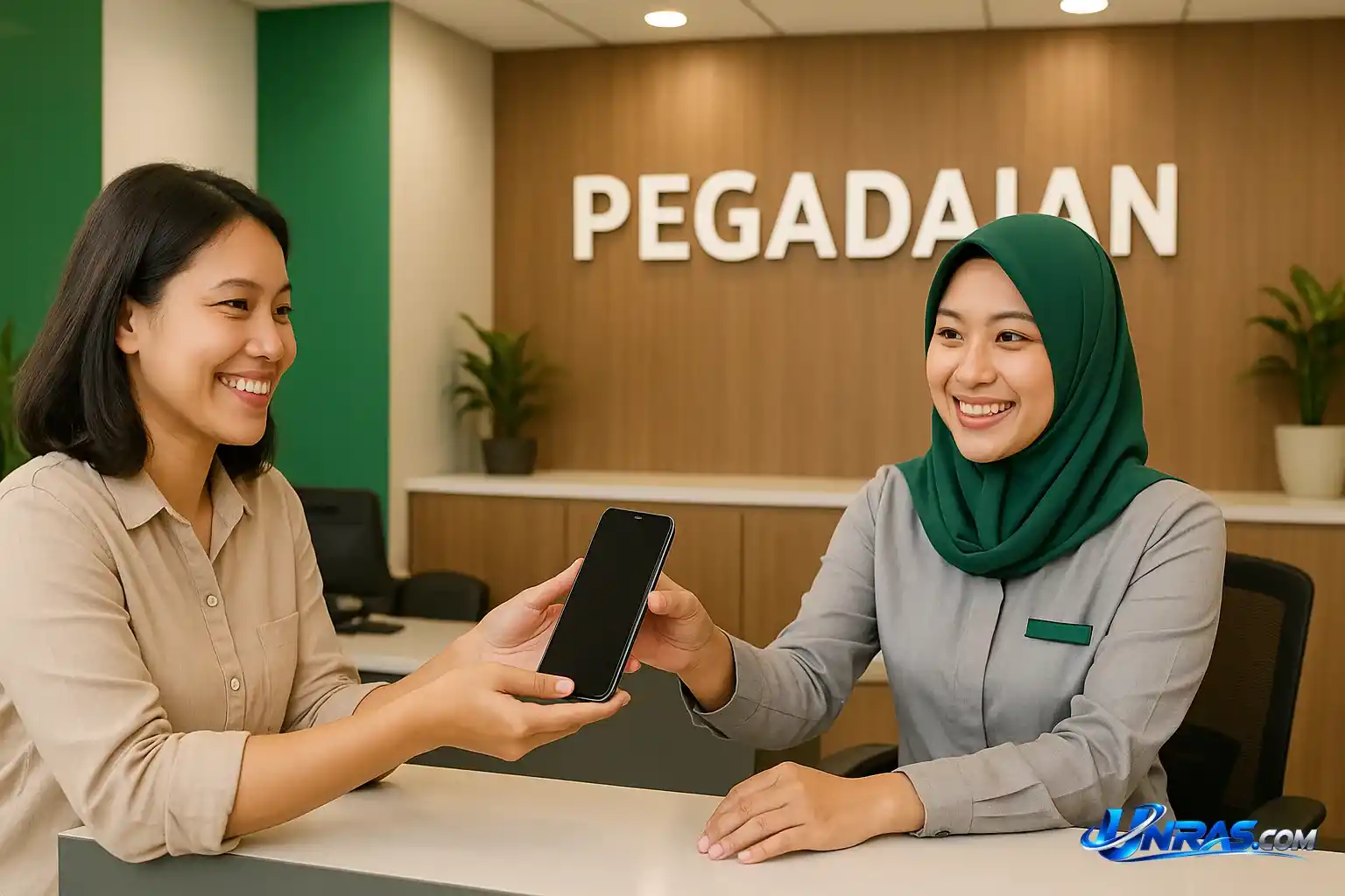 Seorang wanita sedang menyerahkan smartphone sebagai barang jaminan di meja layanan Pegadaian dengan latar belakang ruangan yang bersih dan terorganisir. Nasabah wanita menyerahkan smartphone sebagai jaminan di Pegadaian