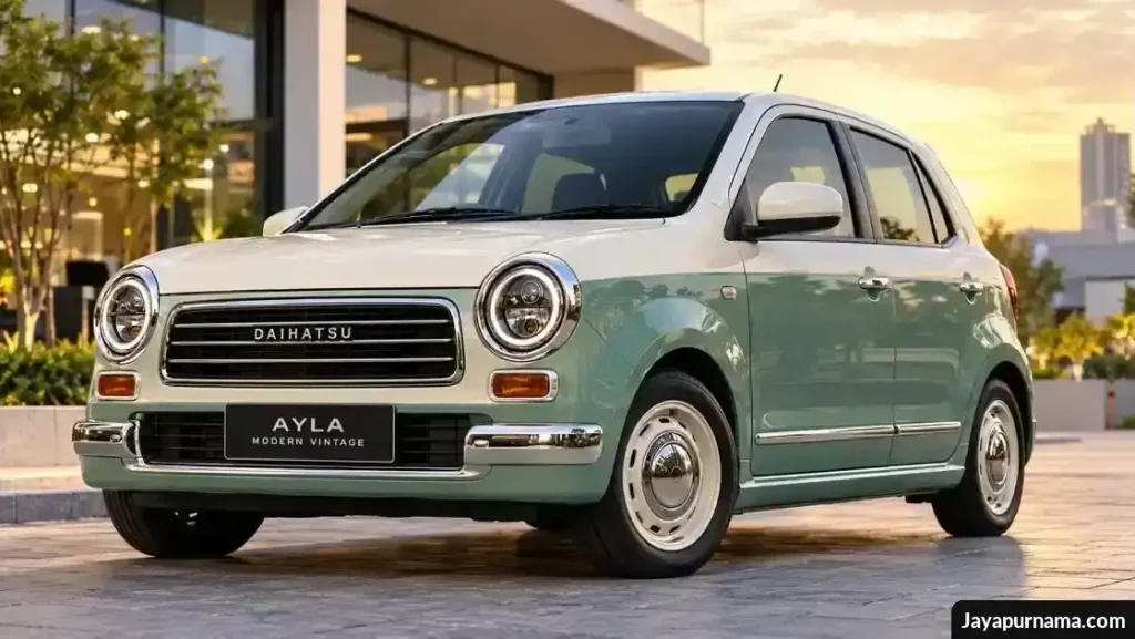 Mobil Ayla Modern Vintage berwarna hijau mint dan krem dengan desain retro di area luar gedung modern.