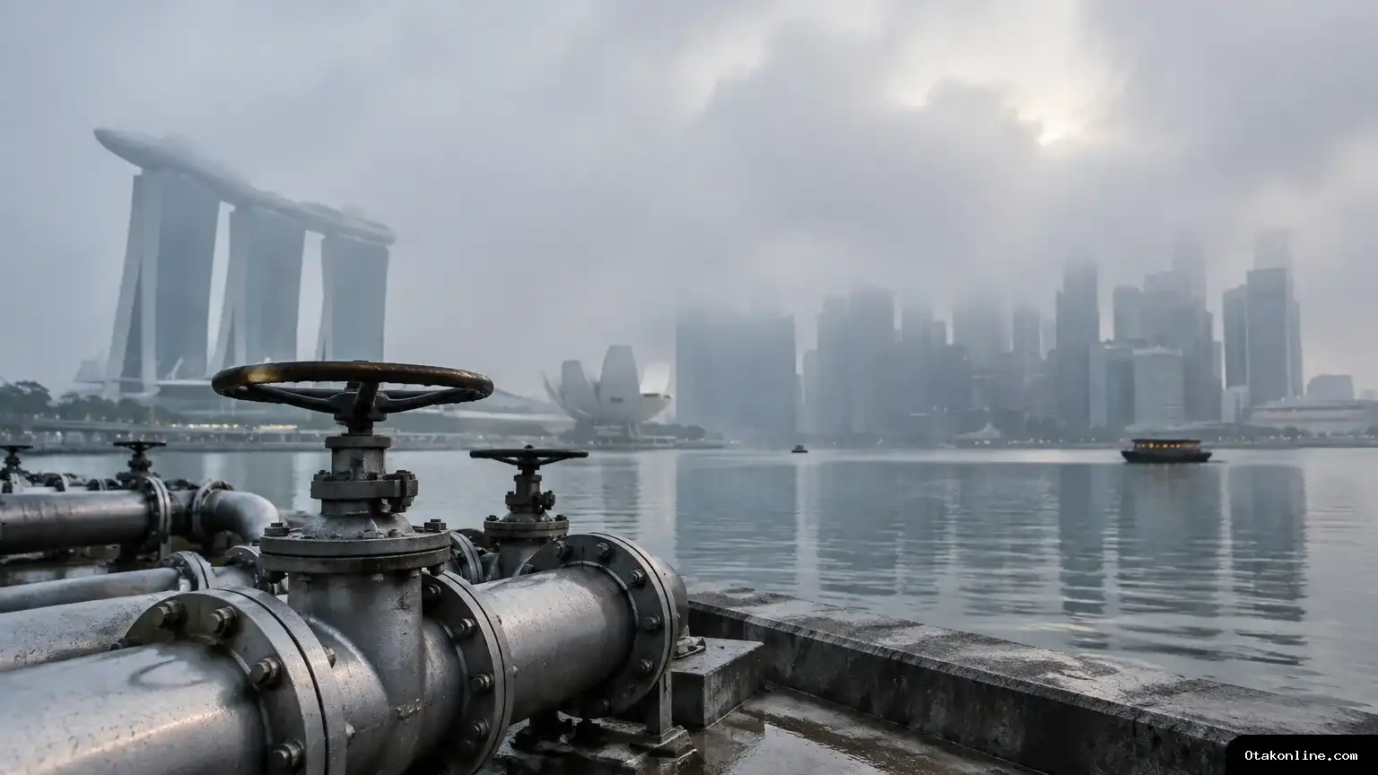 Pemandangan editorial kawasan Marina Bay dengan gedung pusat bisnis yang terlihat samar dalam kabut. Pipa dan katup gas di bagian depan menggambarkan isu pasokan energi Singapura. Gedung-gedung Marina Bay tampak samar di balik kabut, dengan pipa gas di bagian depan.