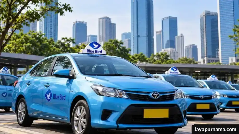 Armada taksi Blue Bird beroperasi di kawasan perkotaan dengan latar gedung perkantoran.