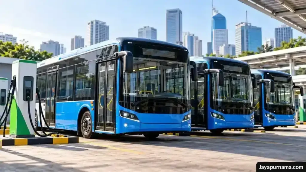 Deretan bus listrik berwarna biru di area pengisian daya kendaraan listrik.