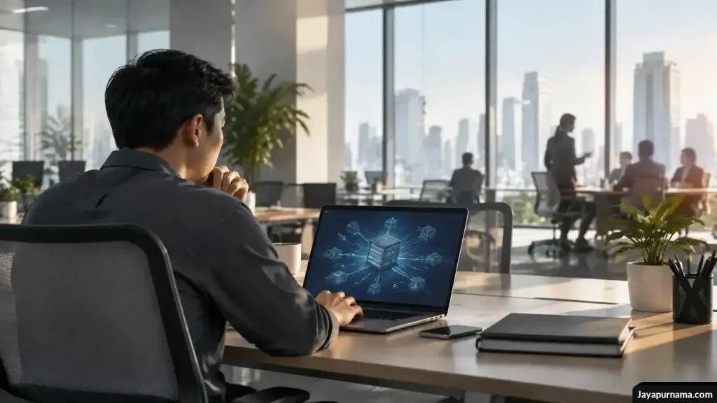 Pegawai menatap laptop di kantor modern dengan meja kerja lain di latar belakang