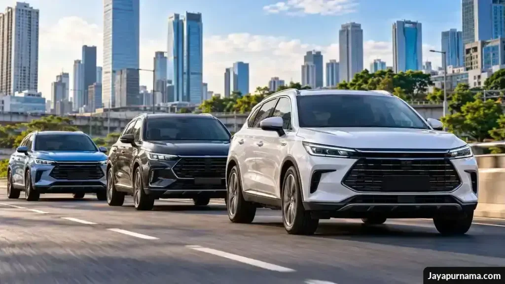 Tiga SUV modern melaju di jalan perkotaan dengan latar gedung tinggi.