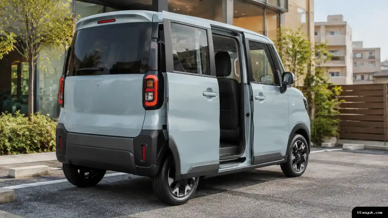 Visualisasi editorial mobil listrik mungil Emta dengan bodi tinggi dan mengotak. Pintu belakang geser tampak terbuka sebagian, sementara pelindung plastik pada bagian bawah bodi memberi kesan softroader. Mobil listrik mungil berbodi tinggi dengan pintu belakang geser dan pelindung plastik bergaya softroader.