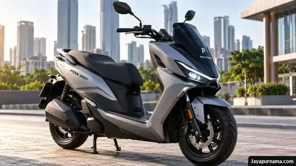 Motor listrik Polytron FOX 350 berwarna abu-abu dan hitam di kawasan perkotaan modern