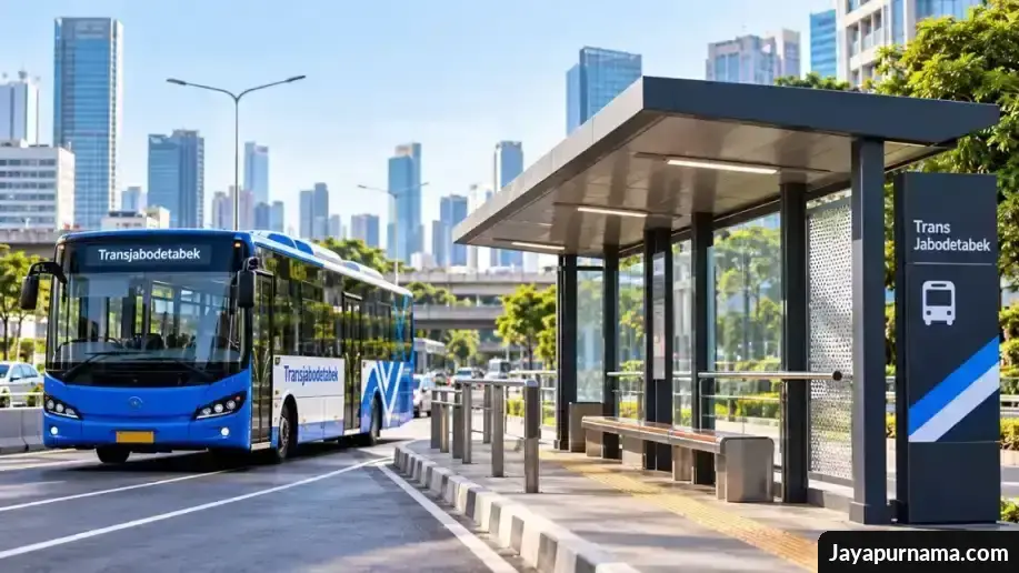 Ilustrasi bus Transjabodetabek melintas di kawasan perkotaan Bekasi dengan area halte di tepi jalan.