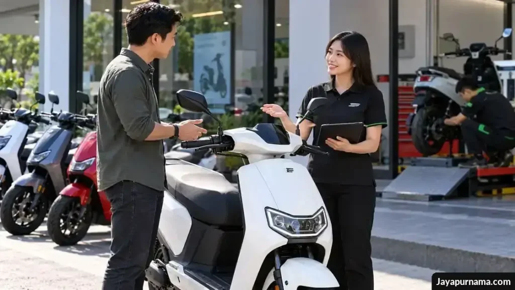 Motor listrik modern di area penjualan dengan teknisi memeriksa kondisi kendaraan bekas.