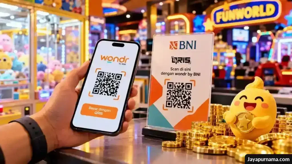 Pembayaran QRIS wondr by BNI di Funworld dengan mesin permainan dan koin Goldie