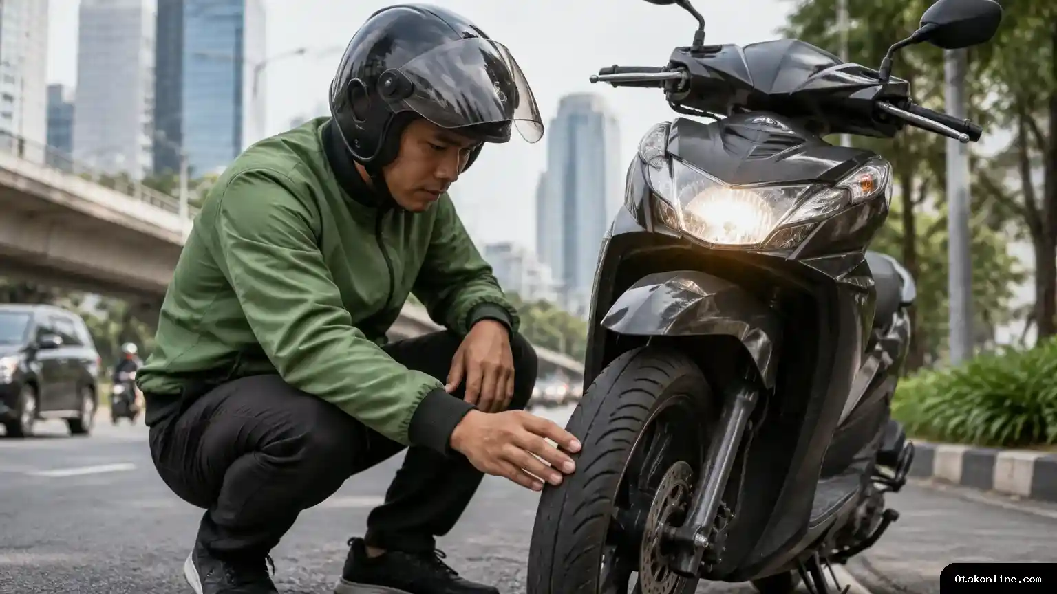 Pengemudi ojek online memeriksa sepeda motor sebelum melayani perjalanan di jalan perkotaan. Pengemudi ojol memeriksa sepeda motor