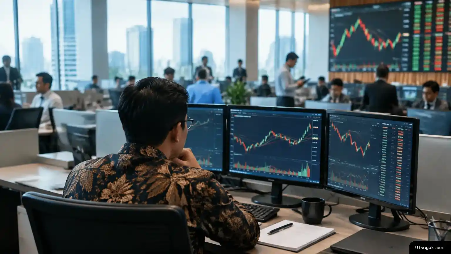 Suasana seorang investor yang memantau pergerakan pasar saham di ruang kerja, menggambarkan perhatian pasar terhadap usulan reklasifikasi MSCI dan kondisi IHSG. Investor memantau pergerakan pasar saham