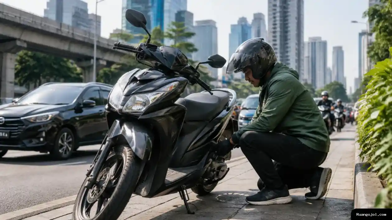 Pengemudi ojek online memeriksa sepeda motor di tepi jalan